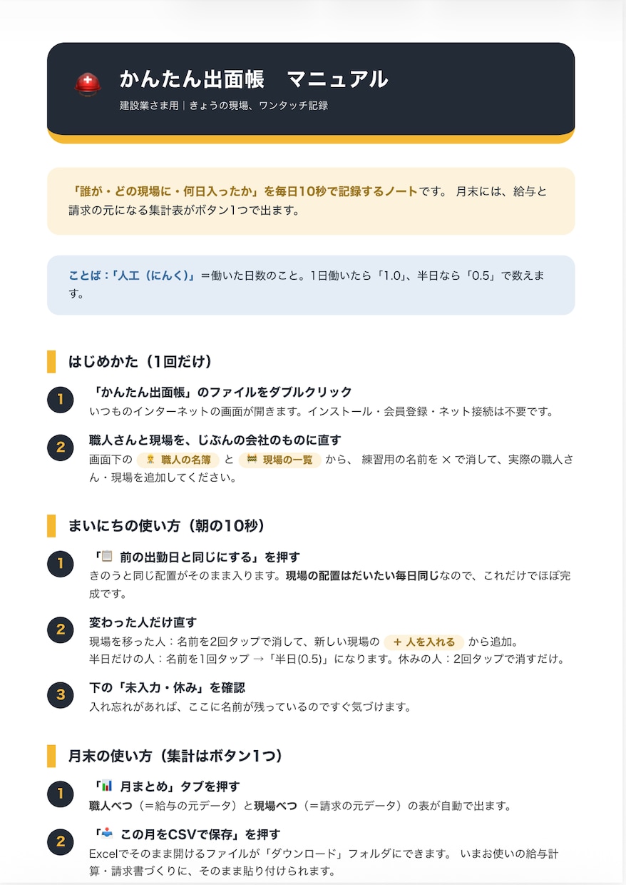 建設業向け 出面帳・人工集計アプリをお渡しします 毎日約10秒で入力。紙の出面帳をそのままデジタル化 イメージ9