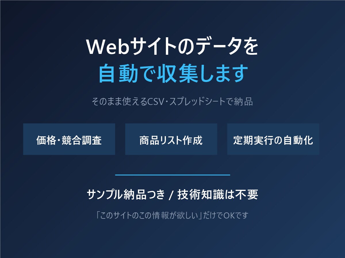 Webサイトのデータを収集しCSVで納品します 価格調査・競合調査・商品リスト作成に。定期実行も対応します イメージ1