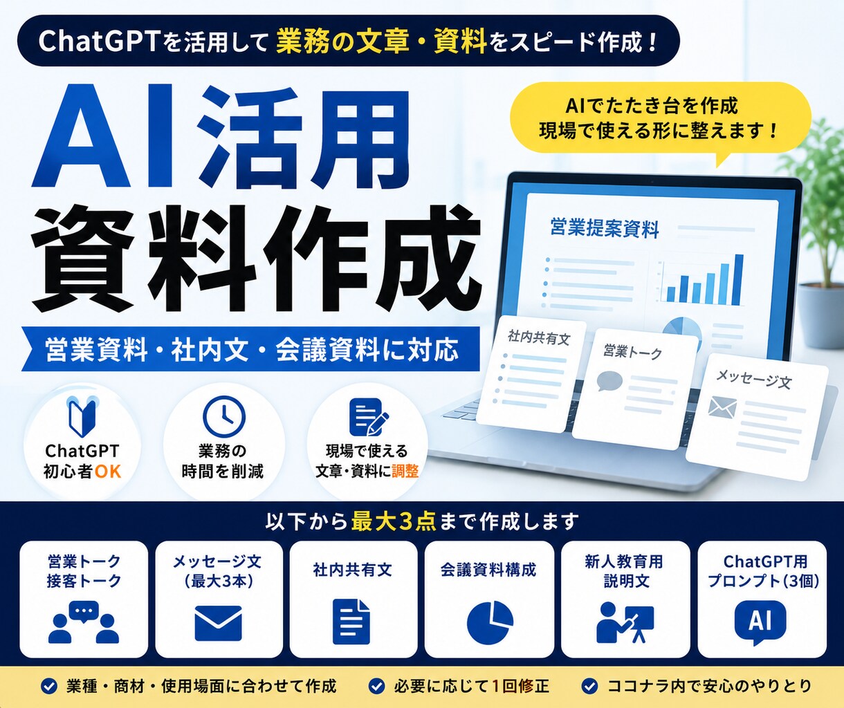 AIで営業資料・社内文を作成します 営業現場で使えるAI資料にわかりやすく整えます イメージ1