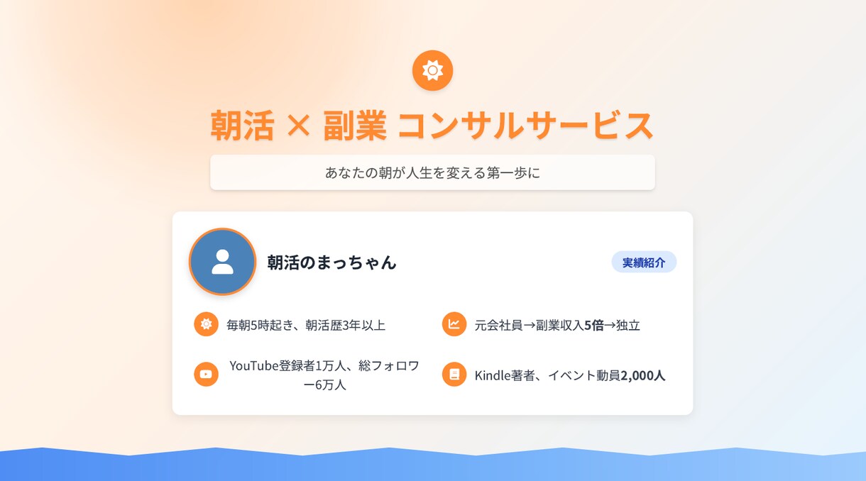 朝活×副業コンサル｜毎朝1時間で夢を形にします 時間がない・自信がないあなたを“動ける人”に変えます。 イメージ1