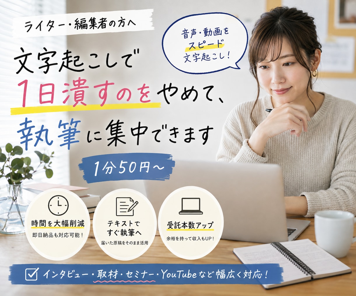 文字起こしで1日潰すのをやめて執筆に集中できます 音声を投げるだけ！ケバ取り済みで即執筆に入れる文章へ！ イメージ1