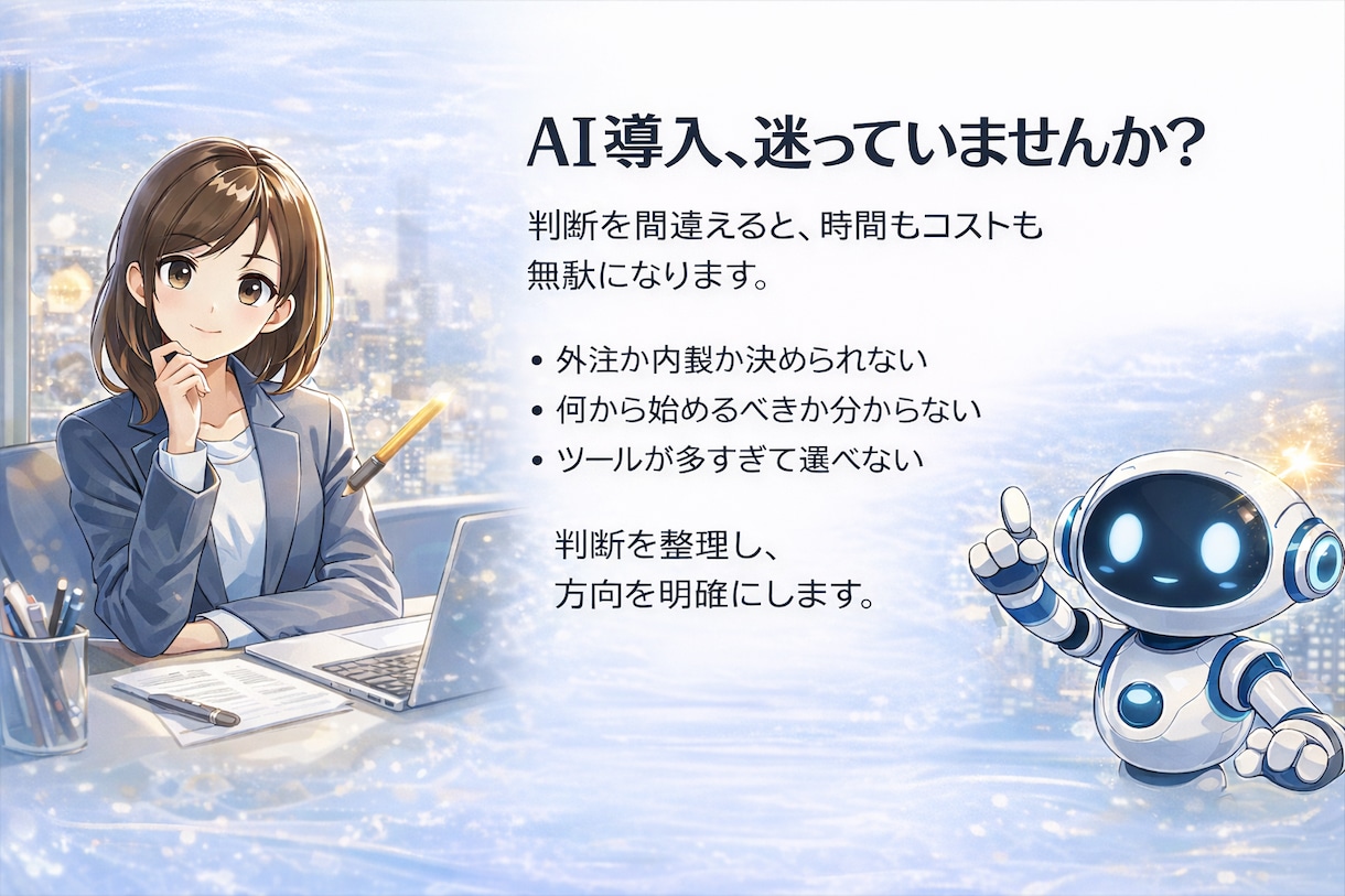 AI導入で迷っている方のための判断整理を行います 外注か内製か、迷いを整理し最適な方向を決めます イメージ1