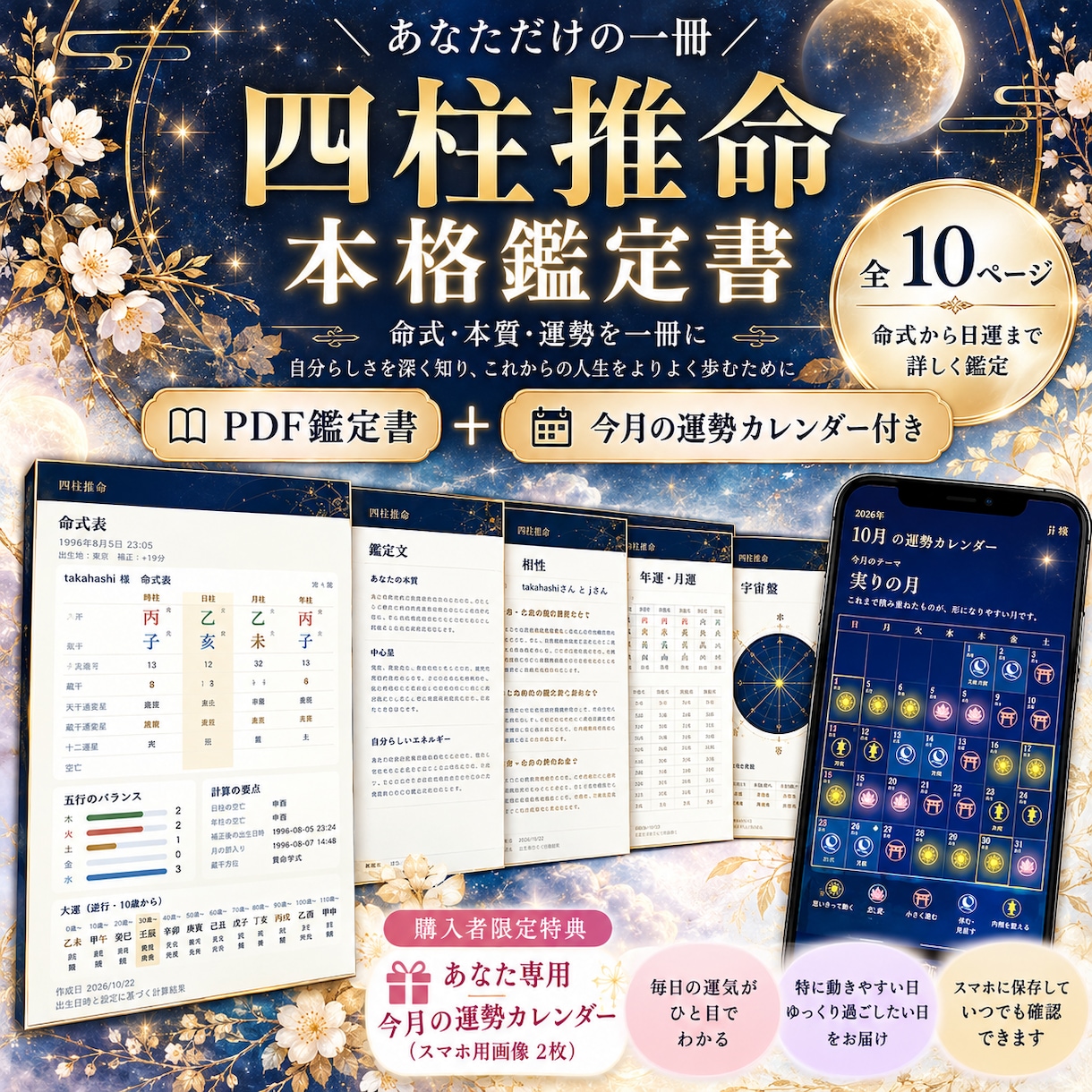四柱推命であなただけの本格鑑定書をお作りします 全10ページの本格鑑定書PDF＋今月の運勢カレンダー2枚付き イメージ1