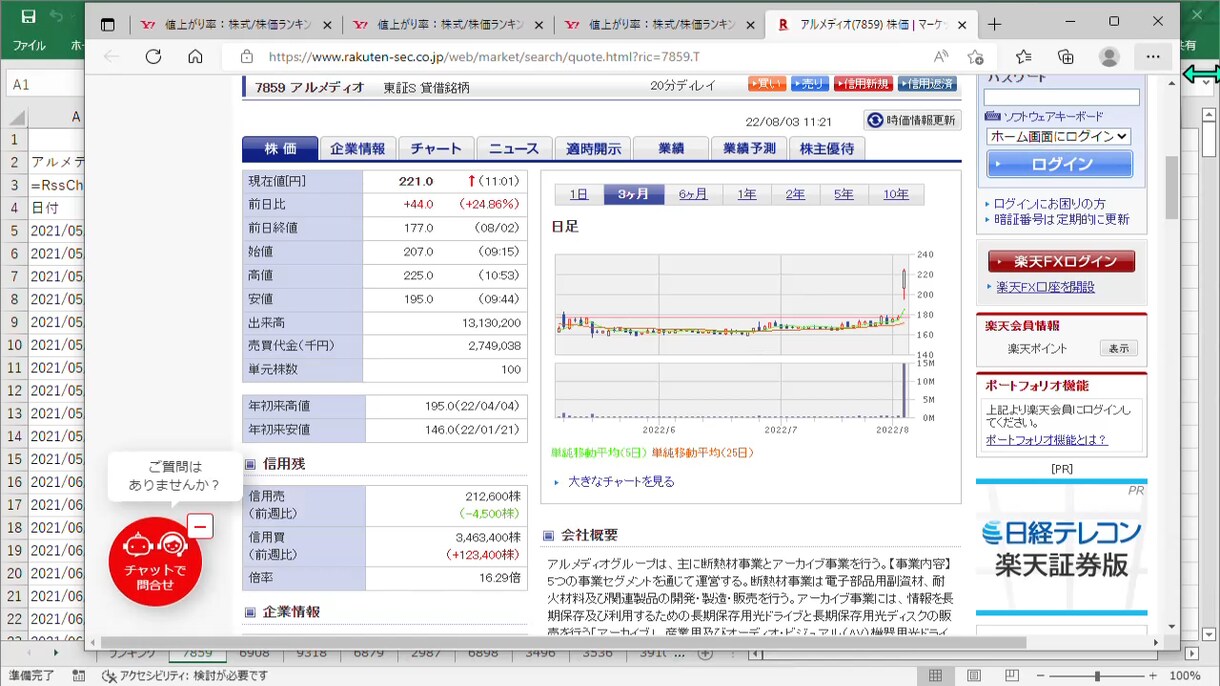 株価上昇率上位50銘柄の時系列データを取得できます 。楽天RSSを使って、データ収集・分析作業の効率化に貢献♪ イメージ6