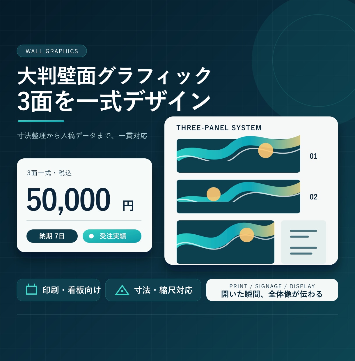 大判壁面グラフィック3面をデザインします 寸法・視線誘導から入稿データまで一式対応 イメージ1