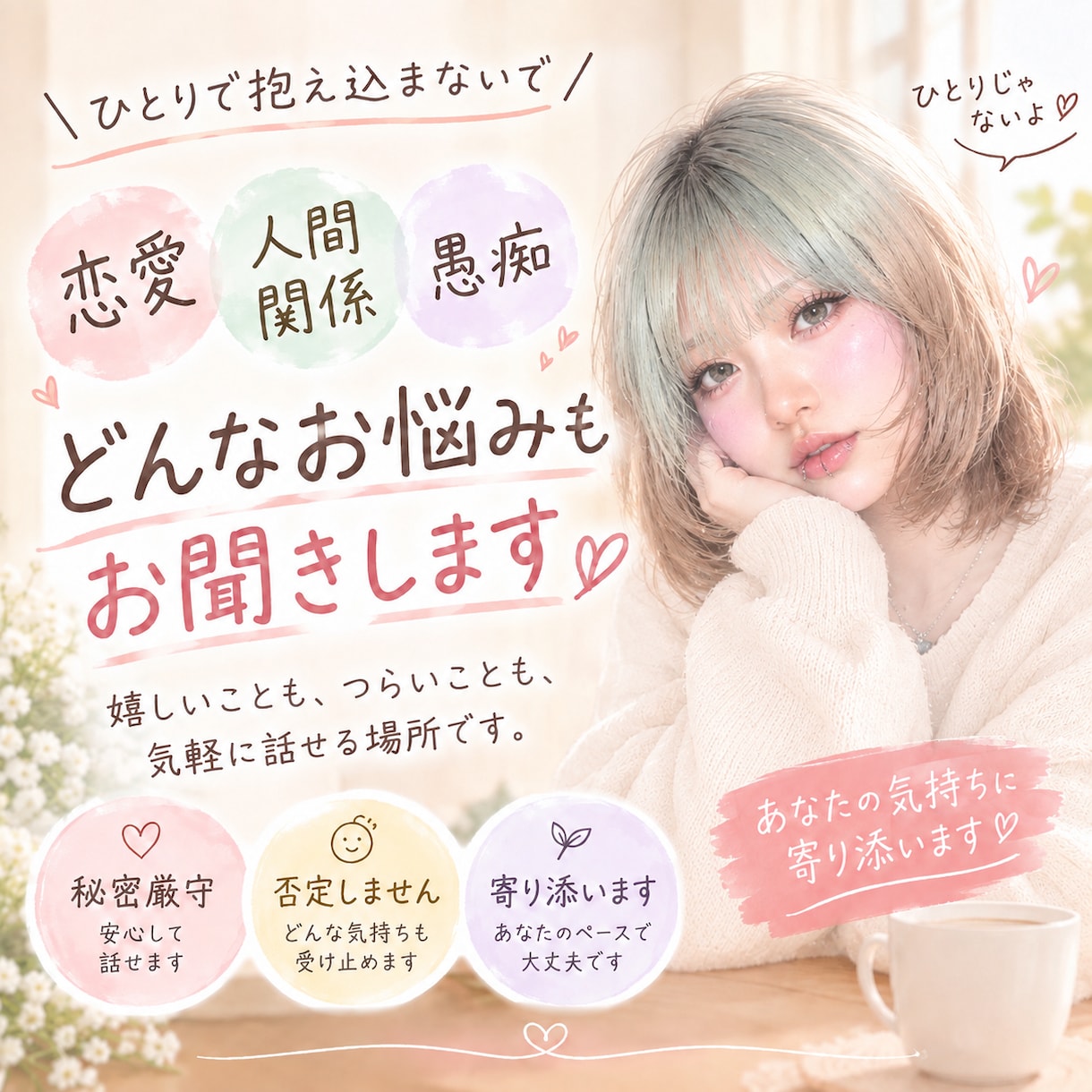 どんなお悩みも秘密厳守でお聞きします あなた専用の心の休憩場所になります イメージ1