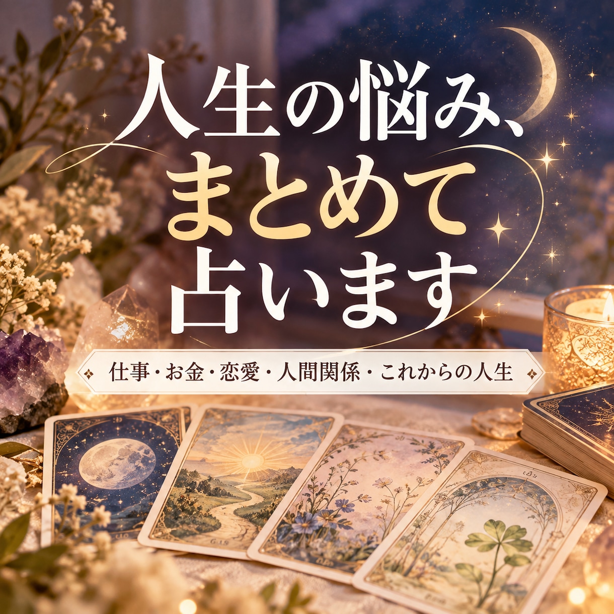人生の悩みが重なった時カードでまとめて読み解きます 仕事・お金・恋愛・人間関係…いくつもの悩みを一度に整理します イメージ1