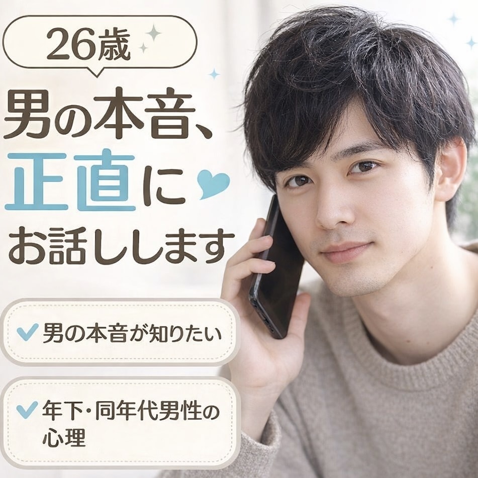 男の本音を正直に話しながら恋愛相談に乗ります 26歳男性のリアルな本音を、落ち着いた声でお伝えします イメージ1