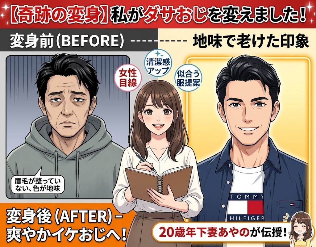 20歳年下妻が伝授！脱☆ダサおじ私服コンサルします 年中暗黒パーカーの夫をイケおじに変えた「女性目線」の正解！ イメージ1