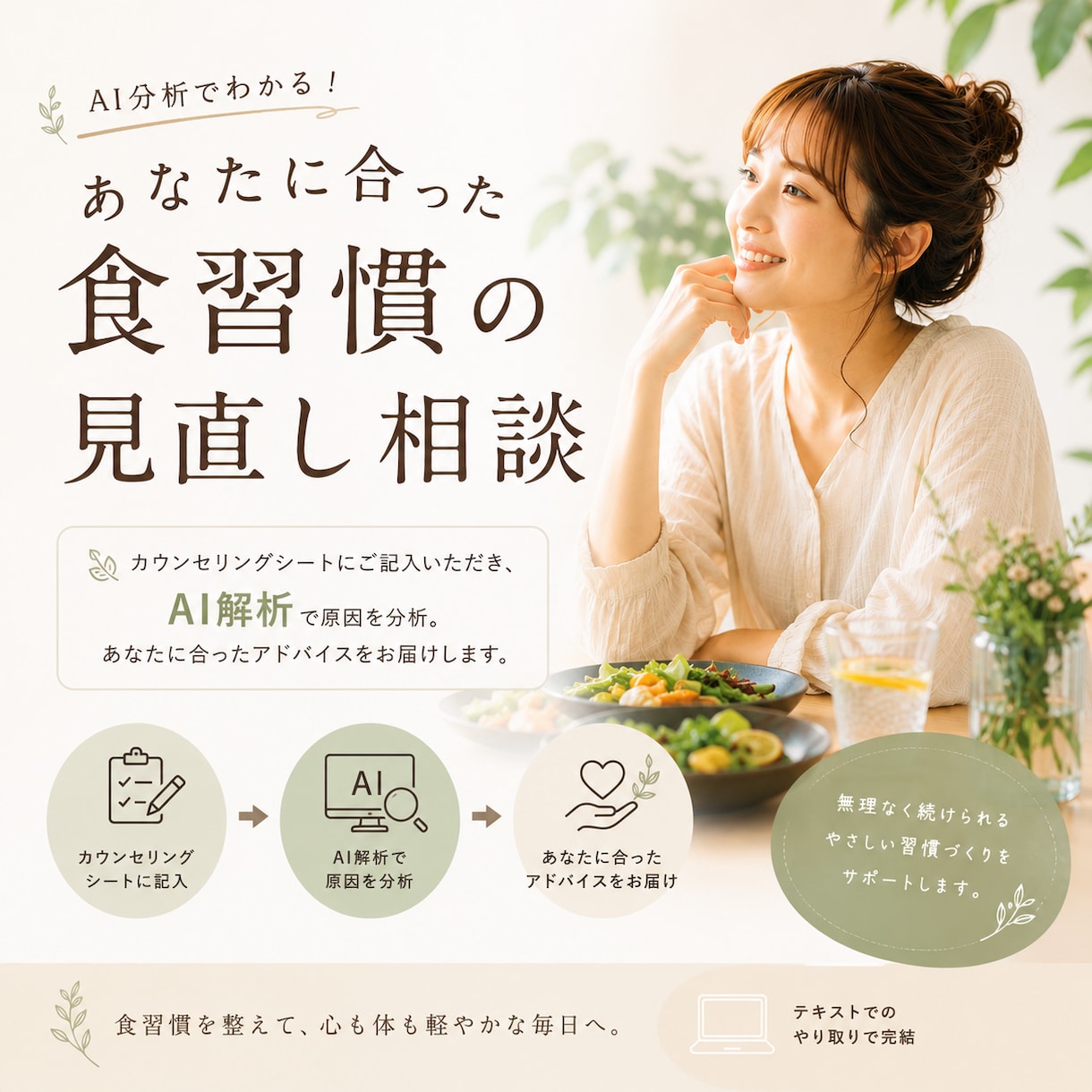 日々の不調を食習慣からやさしく整えます カウンセリングシートとAI分析をもとにお伝えします イメージ1