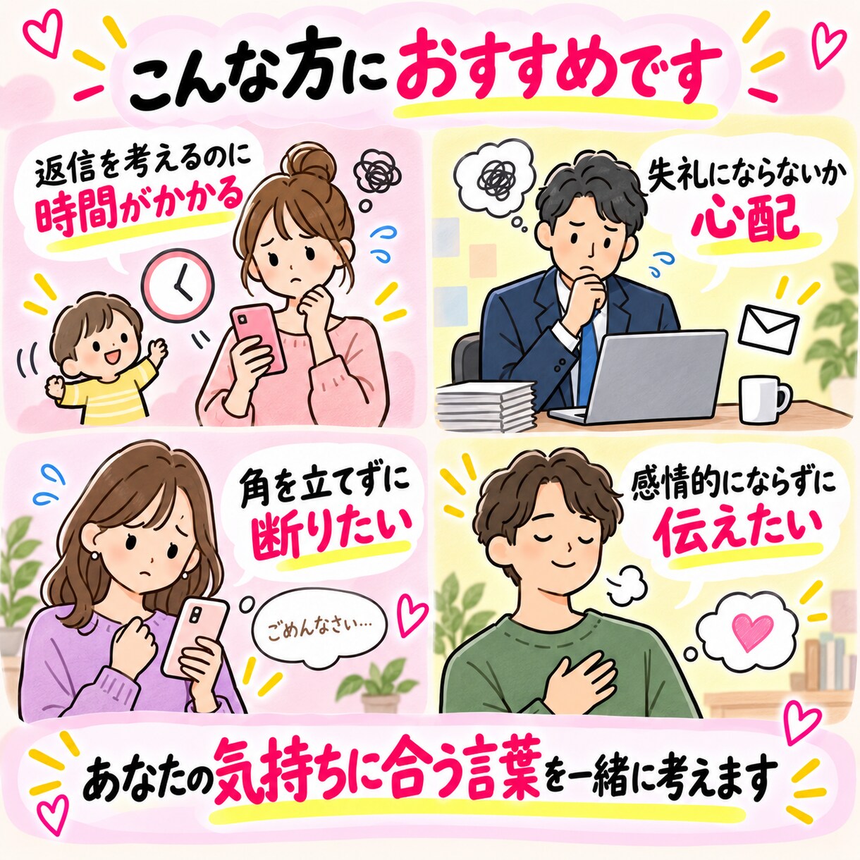 LINE・メールの文章を一緒に考えます 先生・ママ友・職場への言いにくい連絡もお任せください イメージ2