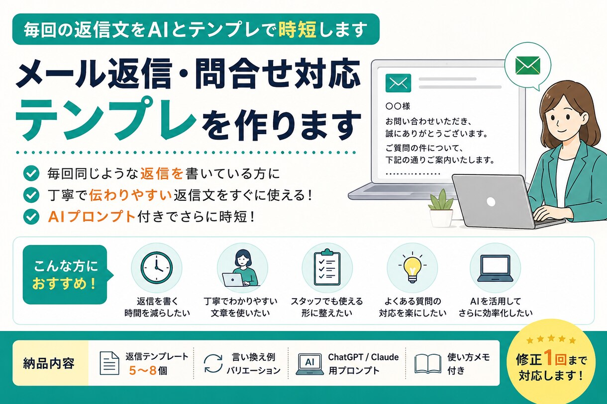 メール返信・問合せ対応テンプレを作ります 毎回の返信文をAIとテンプレで時短します イメージ1