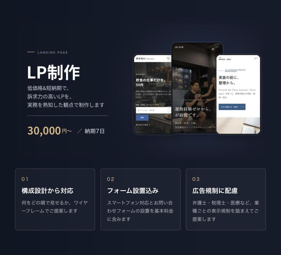 低価格&短納期で訴求力の高いLPを制作します 実務を熟知した観点で、構成設計から制作まで対応します イメージ1
