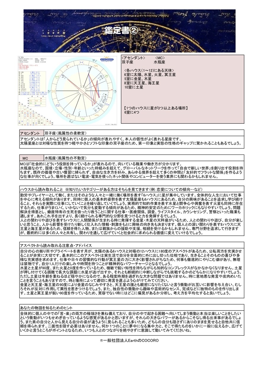 自分の社会や仕事での特性や得意なことを鑑定します 本格的なホロスコープの読み方の解説とオリジナル鑑定書付き！ イメージ3
