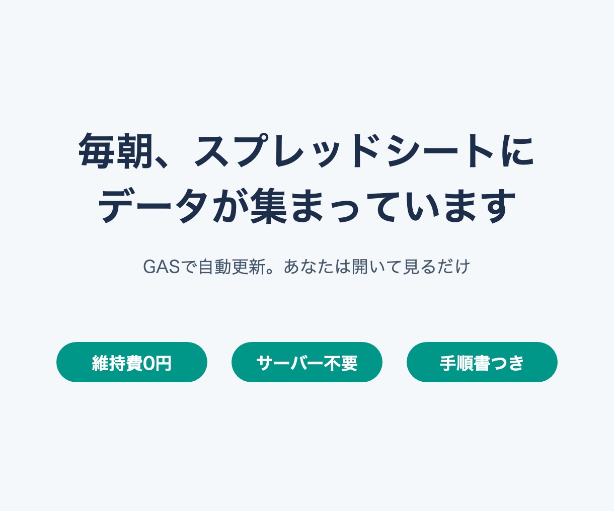 毎朝データが集まるスプレッドシートをつくります GASで毎朝自動更新。あなたは朝、開いて見るだけ イメージ1
