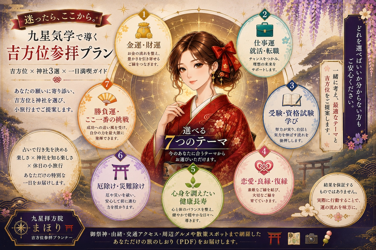 九星気学で吉方位と神社3選示します 願いのテーマに迷う方へ｜7テーマから選べる運活ガイド イメージ1