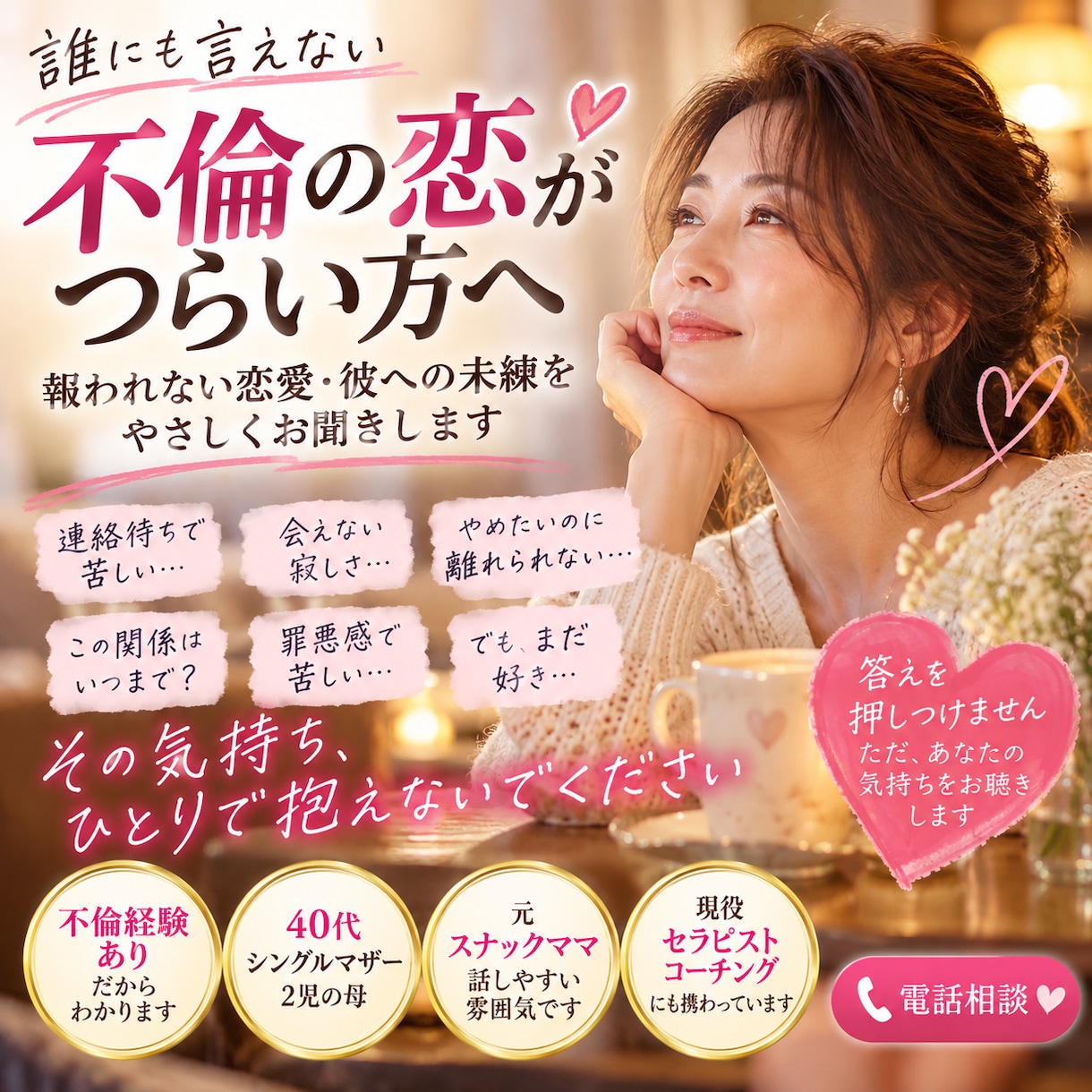 不倫の恋で苦しい気持ちをお聞きします 元スナックママ・現役セラピスト。言いにくい恋の話もどうぞ イメージ1