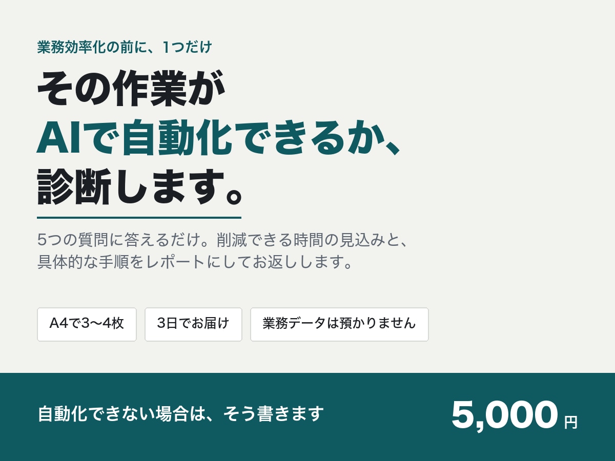 業務効率化｜AIで自動化できる作業か診断します 5問に答えるだけ。削減見込みをPDFでお返しします イメージ1