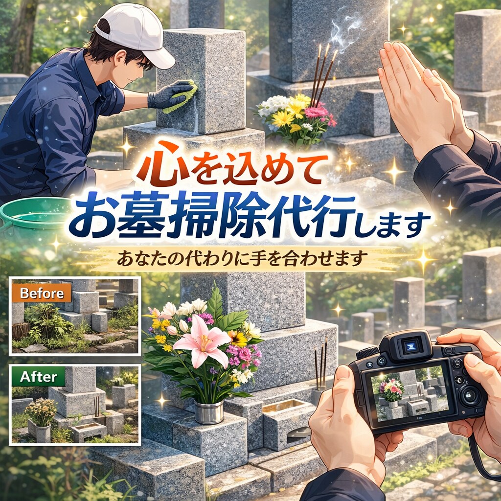 写真報告付き　心を込めてお墓掃除代行します 遠方の方、ご都合で難しい方に代わり、お墓の清掃をします イメージ1