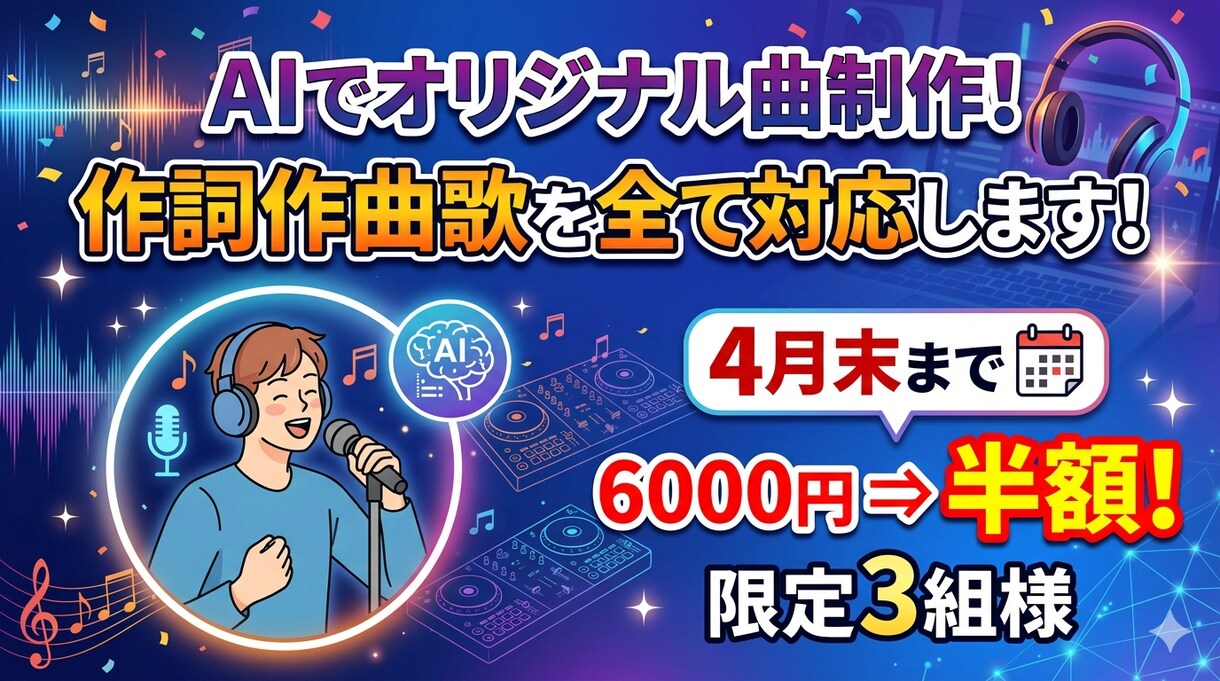 AIでオリジナル曲制作！作詞作曲歌を全て対応します 4月末まで限定3組様、6000円⇒半額でご提供致します イメージ1
