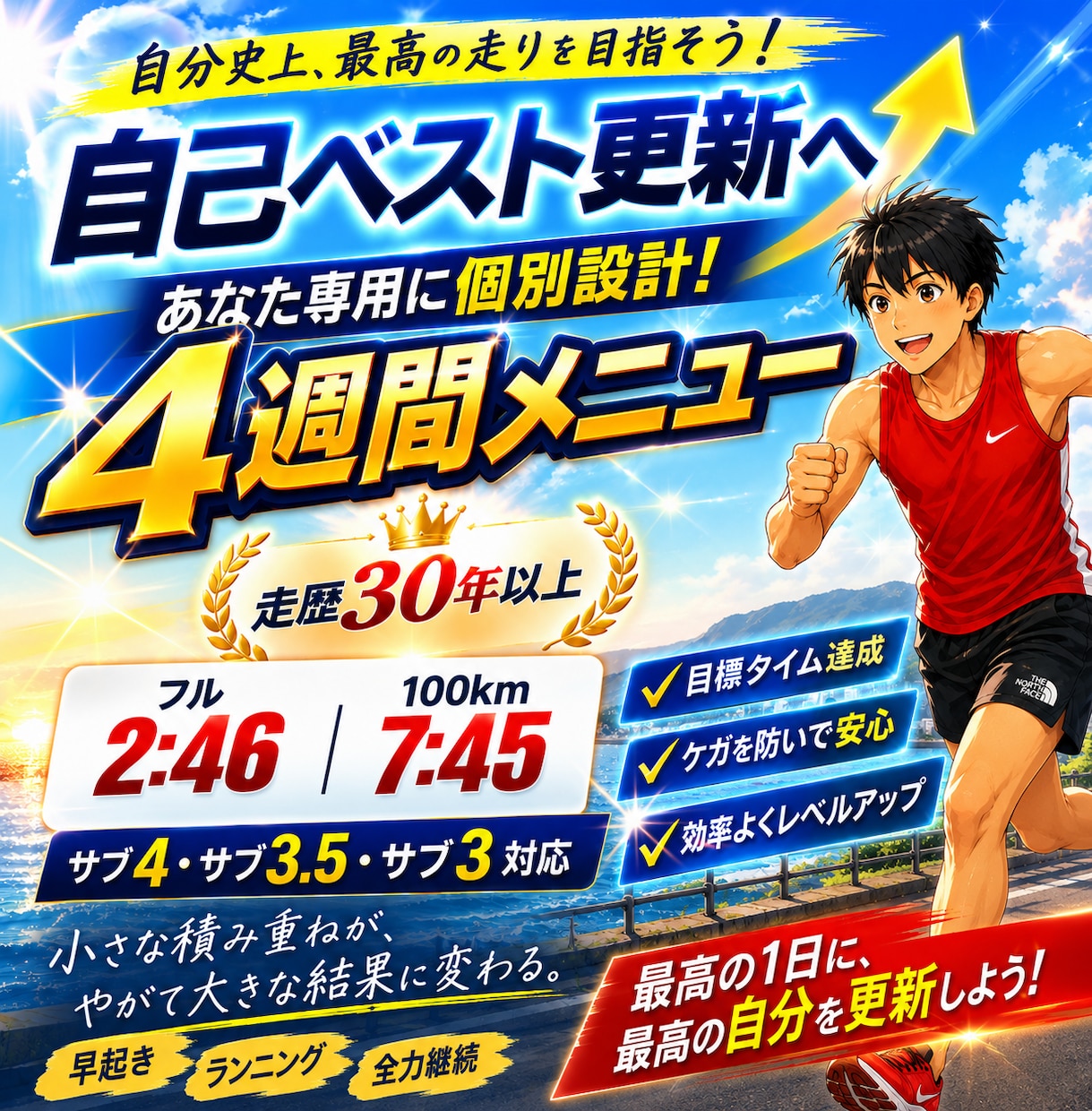 自己ベスト更新へ4週間の練習メニューを作りますます フル2時間46分・100km7時間45分の経験で個別設計 イメージ1