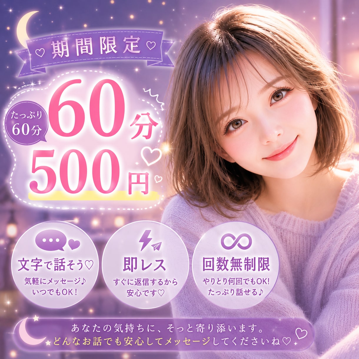 即レス⭐️６０分チャットで相談⭐️癒します 今だけ60分⭐️回数無制限⭐️LINE感覚⭐️なんでも⭕️ イメージ1