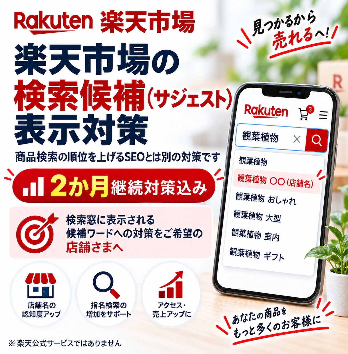 楽天市場の検索候補・サジェスト対策をします 店舗名・商品名などの検索候補表示を目指します イメージ1