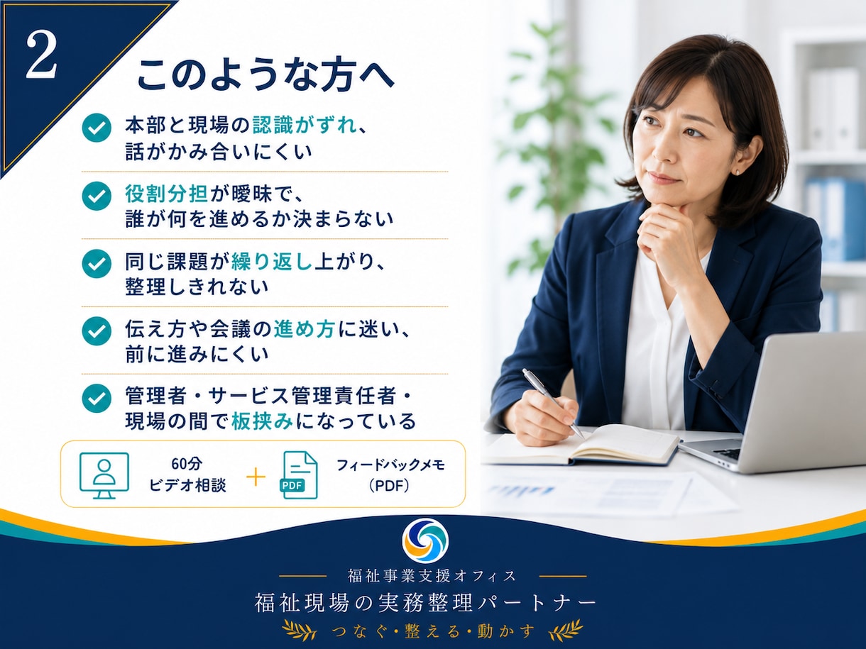 福祉事業の本部と現場のすれ違いを整理します 認識と役割を整理し、双方が動ける形へ整えます イメージ2