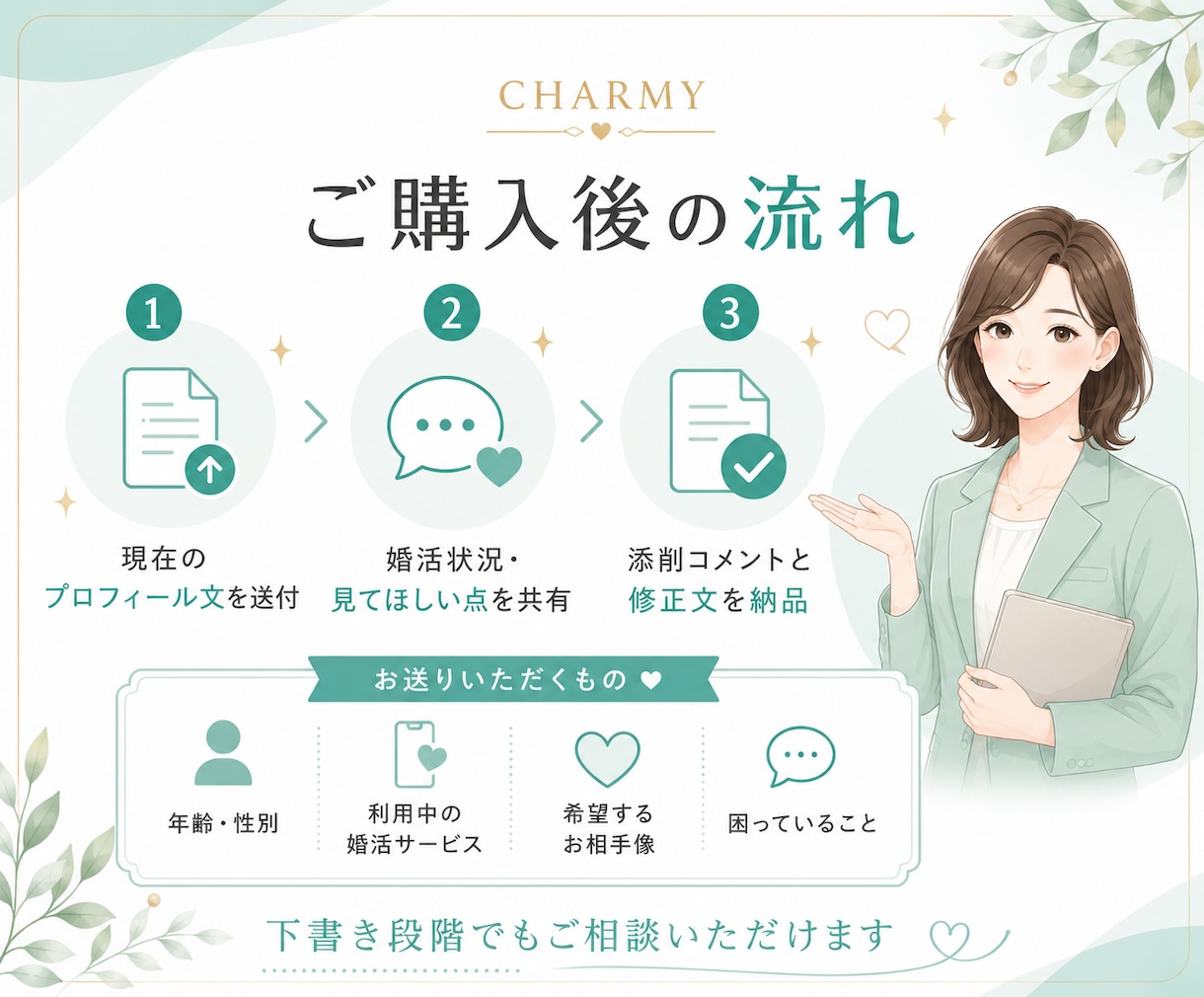 結婚相談所の仲人が婚活プロフィールを添削します 婚活が進まない方へ。現役仲人が選ばれるプロフィールに整えます イメージ5