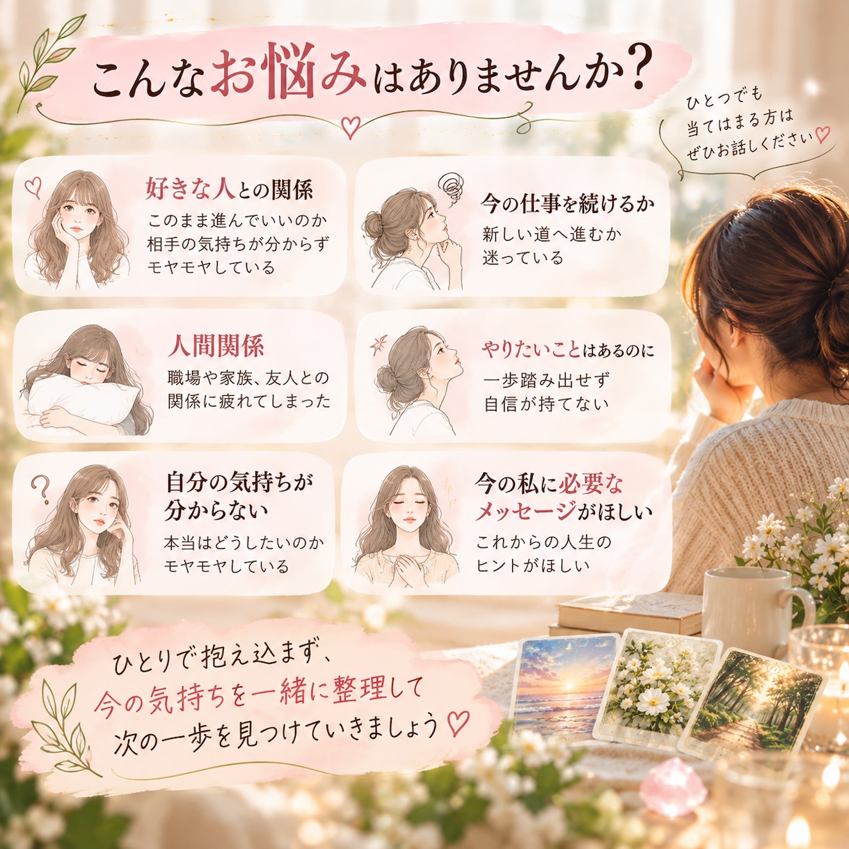 今のあなたに必要なメッセージをオラクルで届けます 恋愛・仕事・人間関係の迷いに看護師歴11年心に寄り添い鑑定 イメージ2