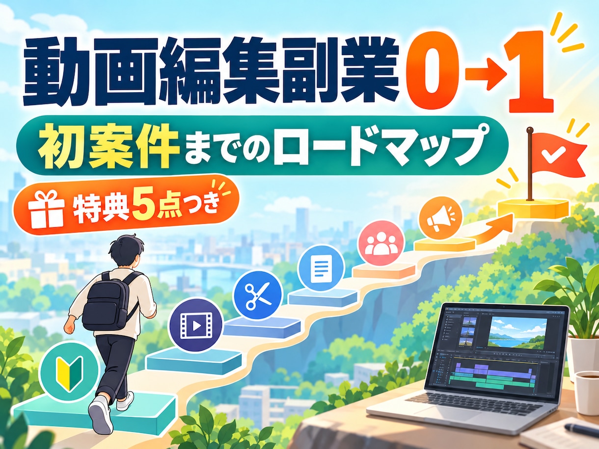 動画編集副業で初案件を取る0→1手順をお渡しします 学んだ編集スキルを仕事につなげる順番が分かります イメージ1