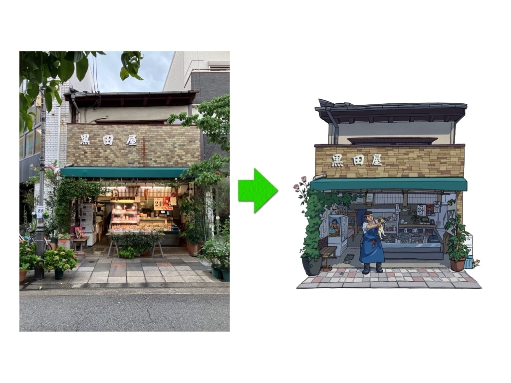 商店街や街並みを温かみのあるイラストにします 写真からノスタルジックな街角に イメージ1