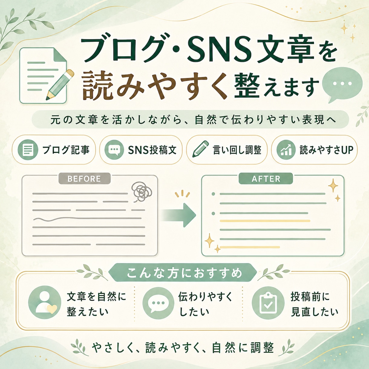 ブログやSNS文章を読みやすく自然に整えます 不自然な表現や重複を整理し伝わる文章に仕上げます イメージ1