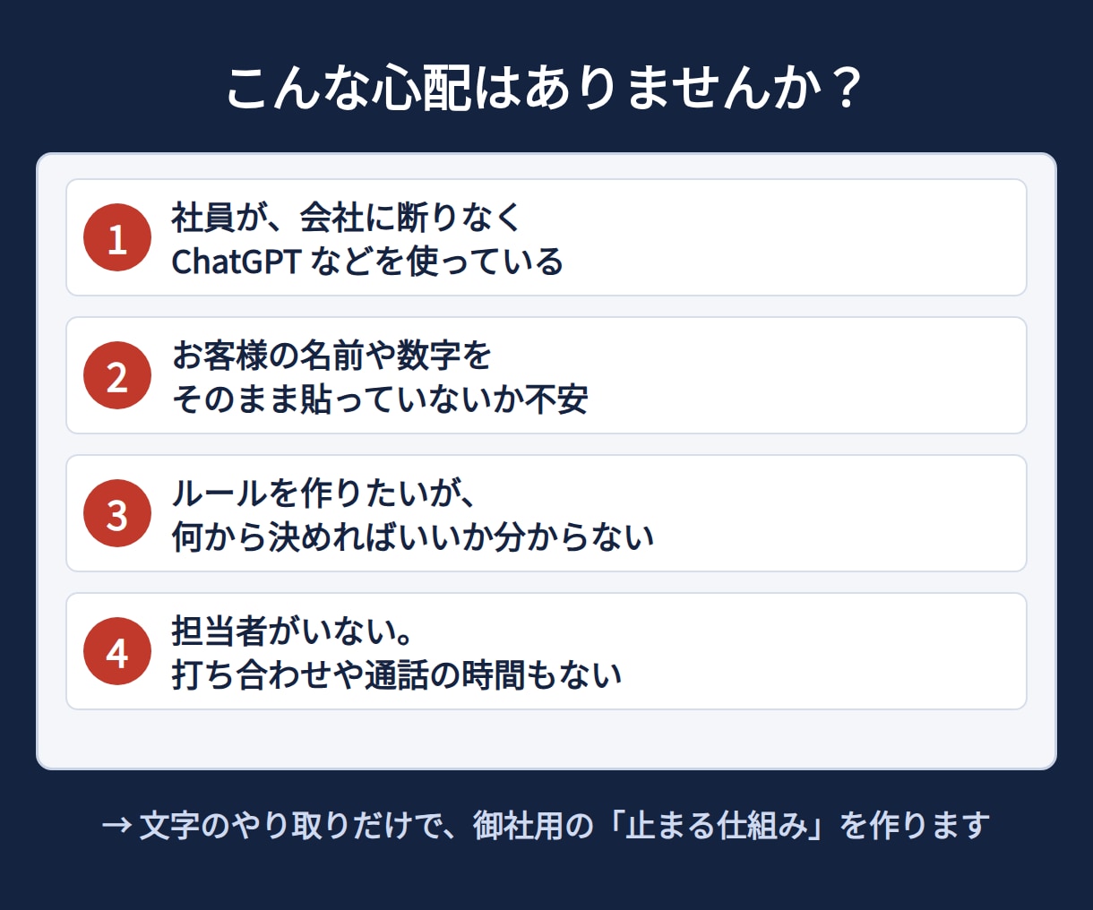社員がAIに顧客情報を入れない仕組みを作ります ルール・設定の手順・社員向けの1枚を3日でお届け イメージ2