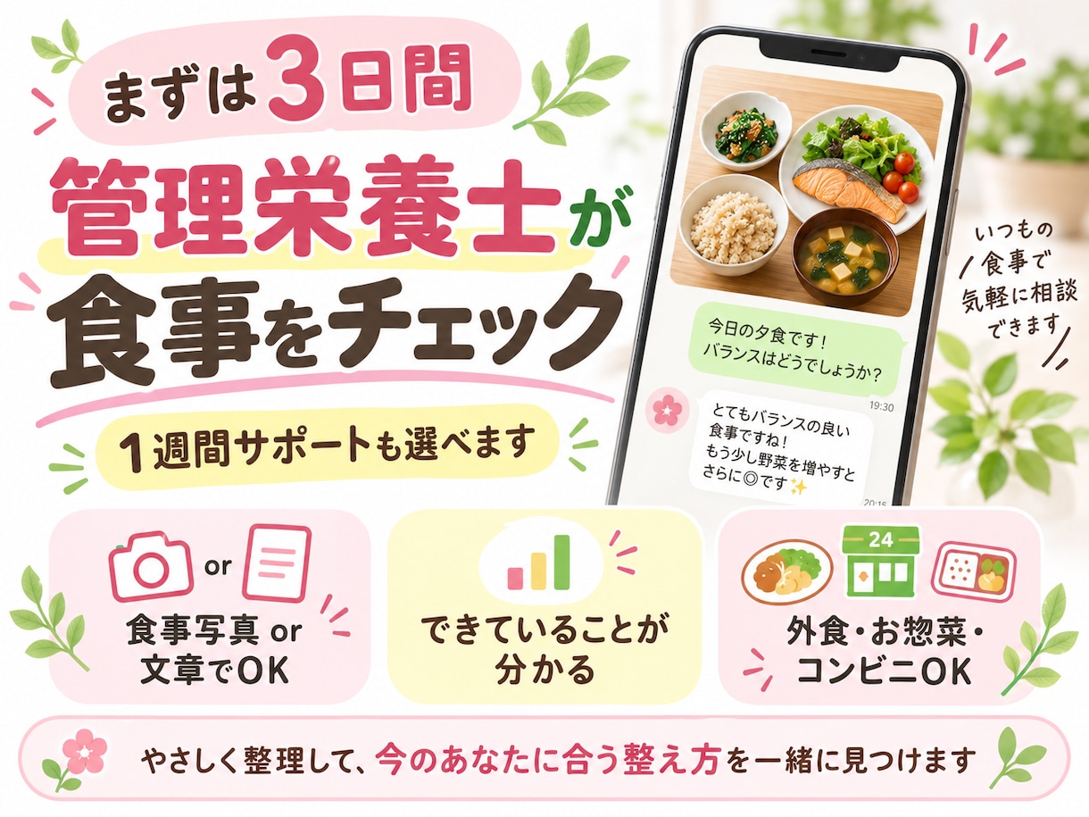管理栄養士が3日間の食事を分析・アドバイスします 今できていること＆これから意識したいポイントをお伝えします イメージ1