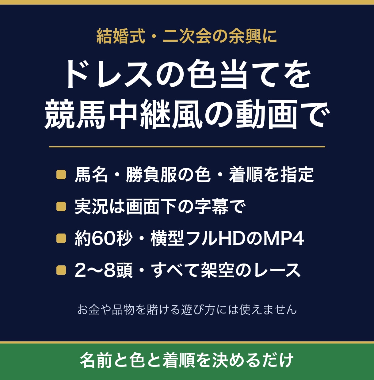 結婚式の色当てに使う競馬中継風の動画を作ります 名前と色と着順を決めるだけ、約60秒の架空レース イメージ1