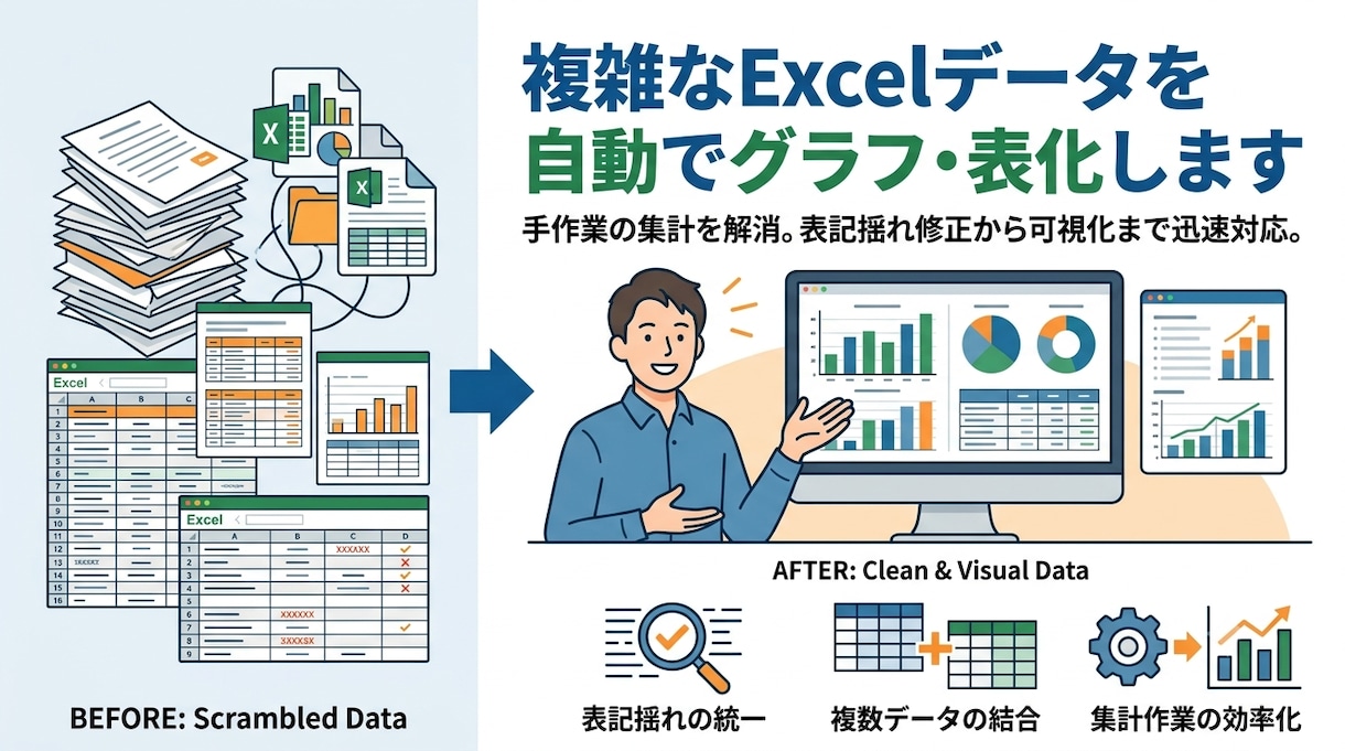 複雑なExcelデータを自動でグラフ・表化します 手作業の集計作業を解消。表記揺れ修正から可視化まで迅速対応。 イメージ1