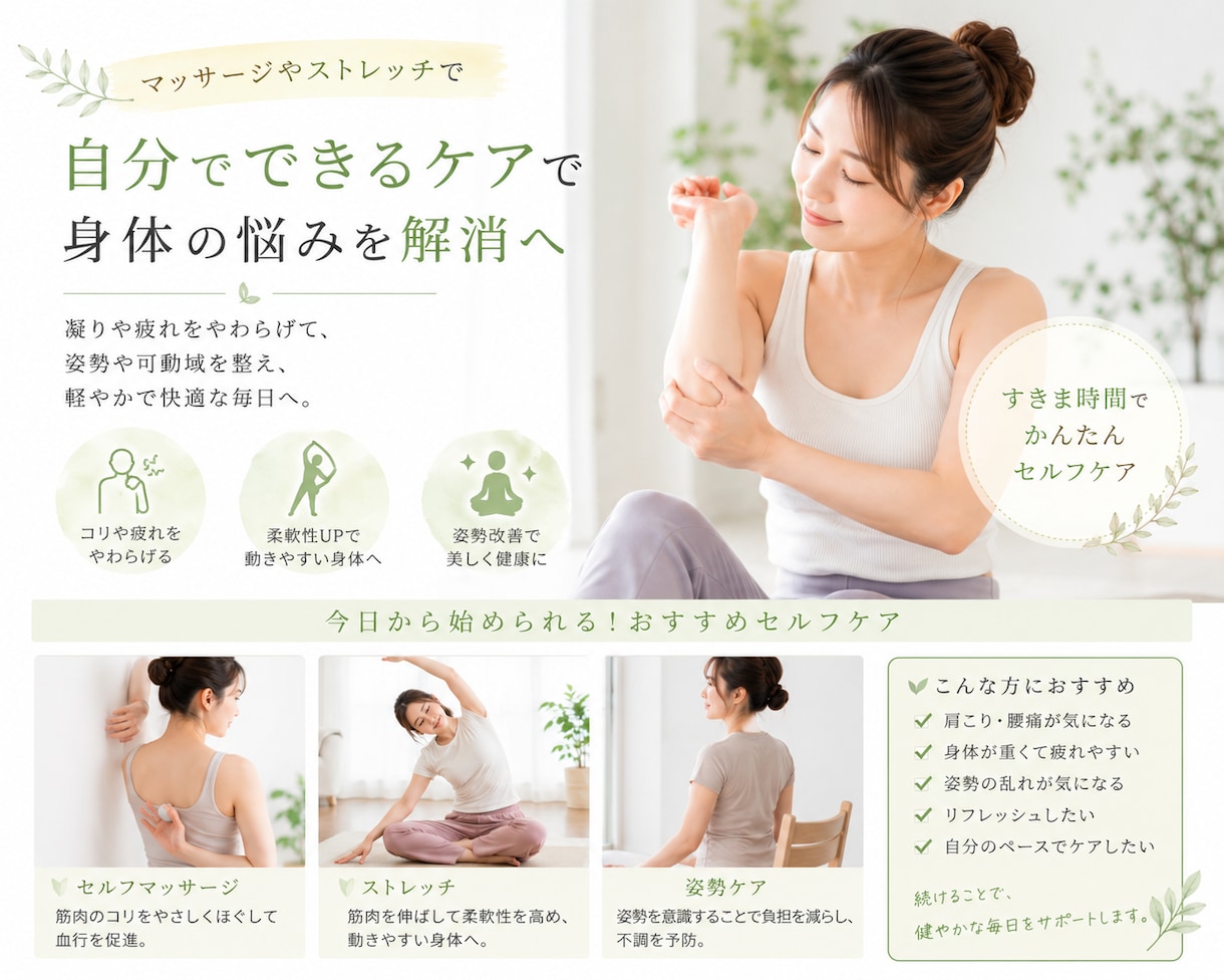 女性限定：身体のお悩み解決します 整体やボディセラピー、ストレッチなどのセルフケアを提案します イメージ1