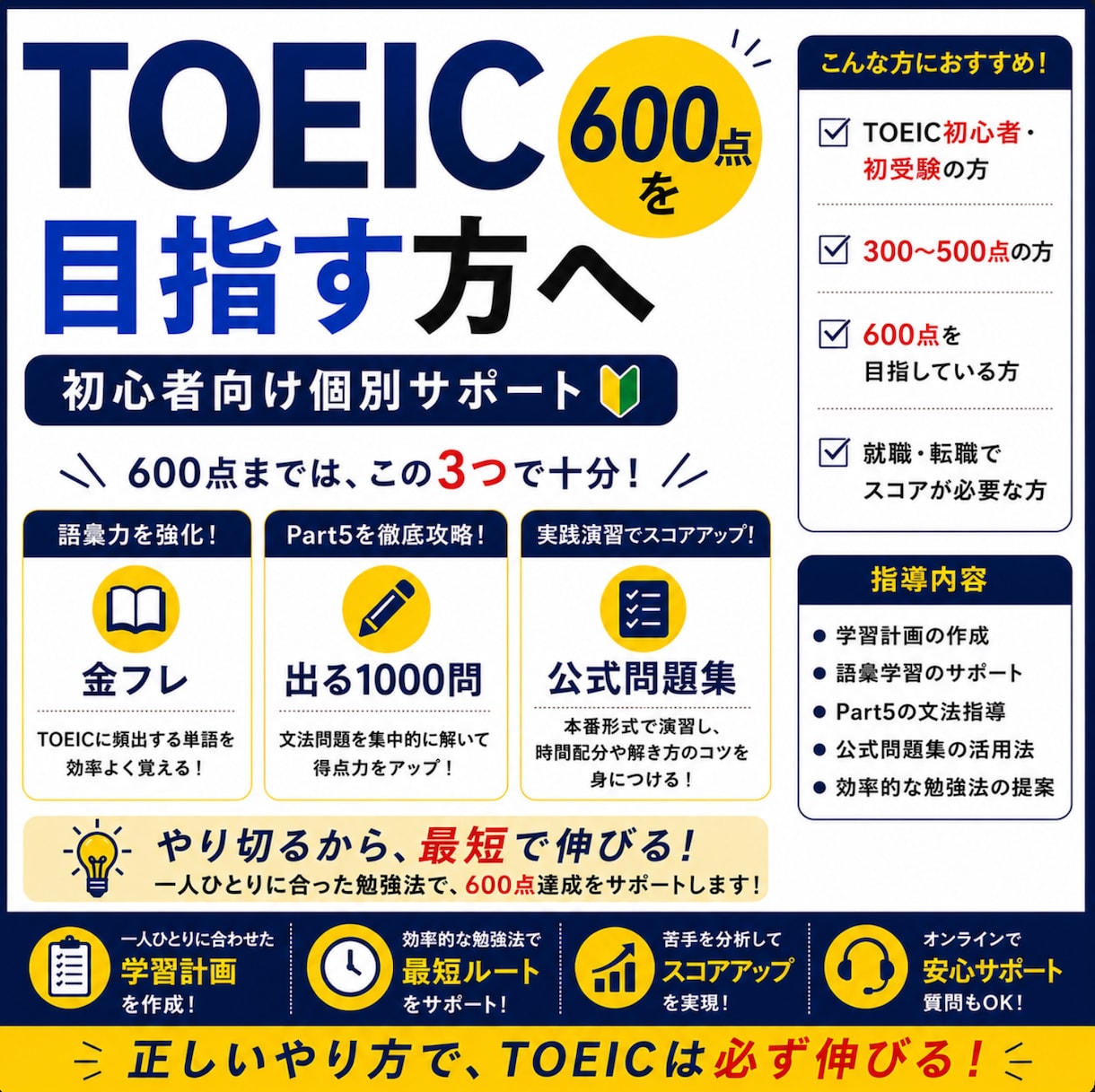 TOEIC初心者｜600点までサポートします 自身が450点から800点まで伸ばした方法でサポートします！ イメージ1