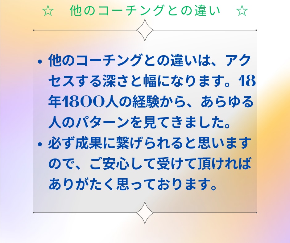 どんな問題・悩みも解決し、目標達成まで習慣化します 実績18年1800件。専門プロコーチングが習慣化まで導きます イメージ6
