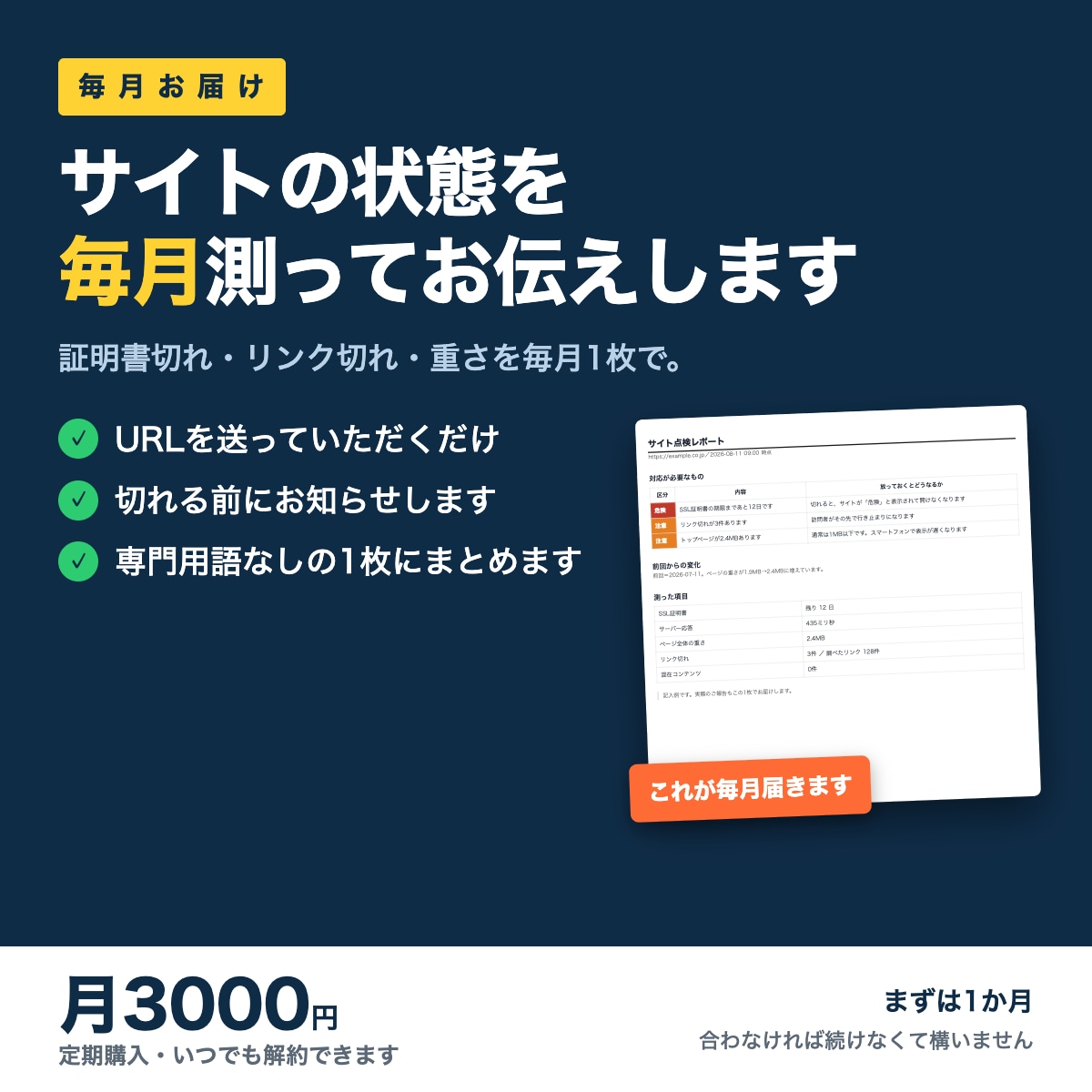 サイトの保守として毎月の点検を報告します 証明書切れ・リンク切れ・重さを毎月測って1枚で イメージ1