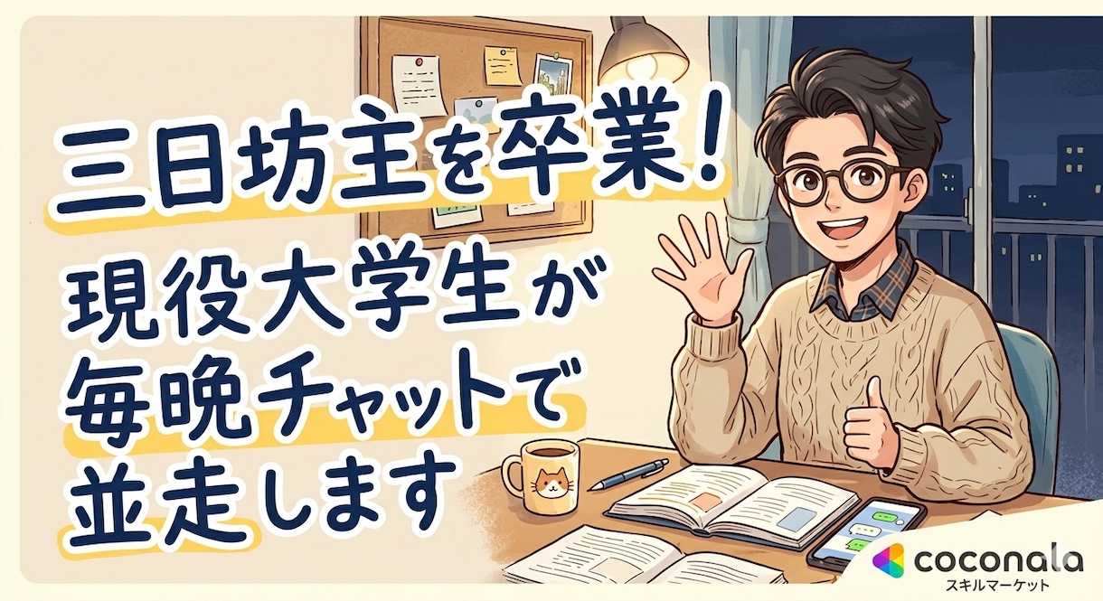 毎日チャットであなたの達成目標を管理します 現役大学生が毎晩誠実に並走！三日坊主を一緒に卒業します！ イメージ1