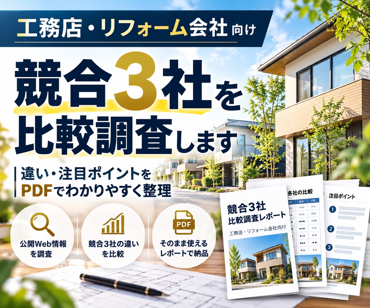 工務店・リフォームの競合3社を調査します 競合3社の違い・注目ポイントを比較しやすく整理 イメージ1
