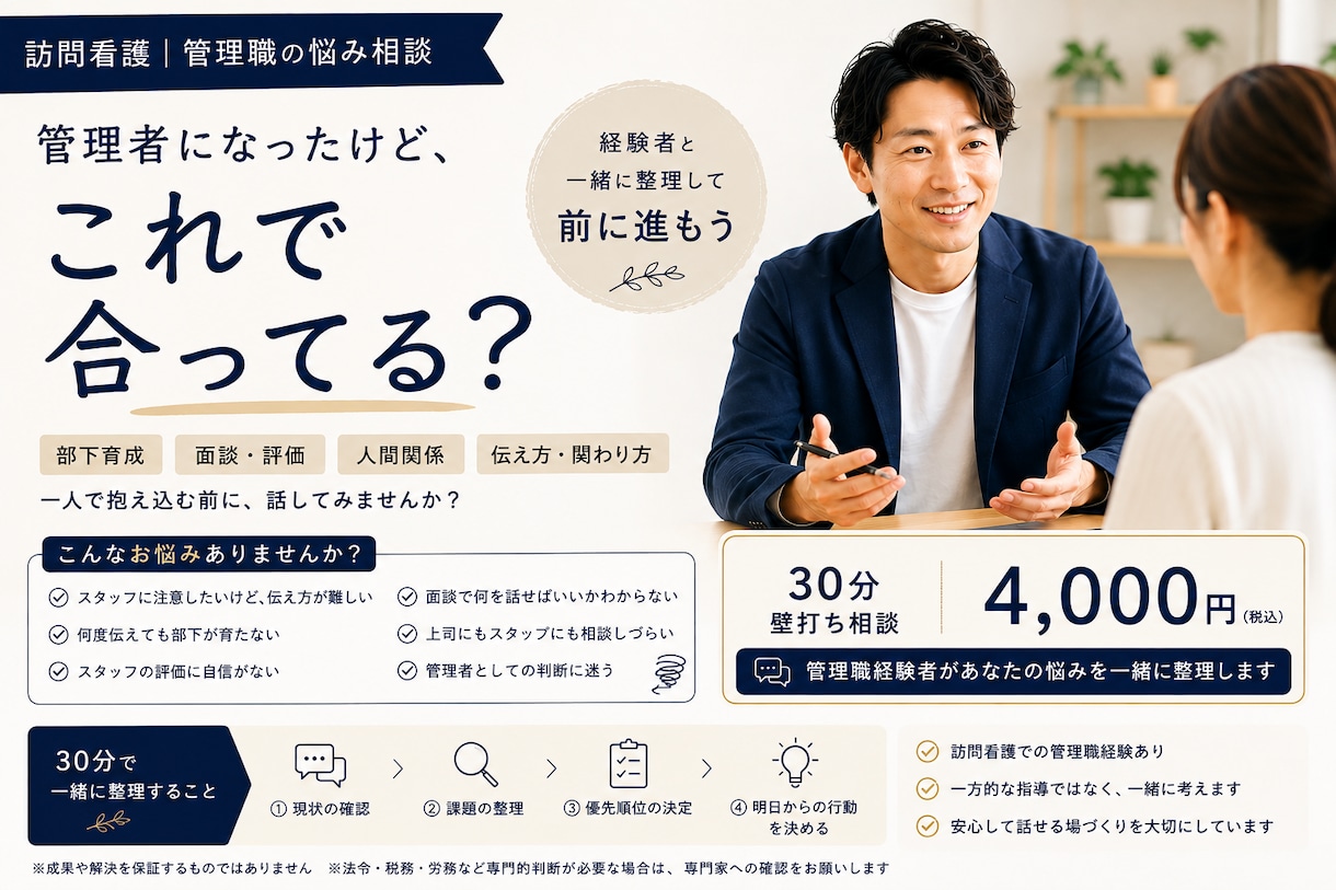 訪問看護管理者の悩みを一緒に整理します 管理者になったけど、これで合ってる？管理職の悩みを整理します イメージ1