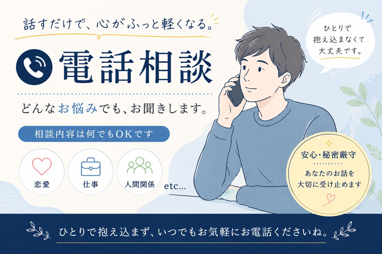 人間関係、仕事、恋愛などお悩みをお伺いします 【30代男性】些細な事でもお話いただけると嬉しいです。 イメージ1