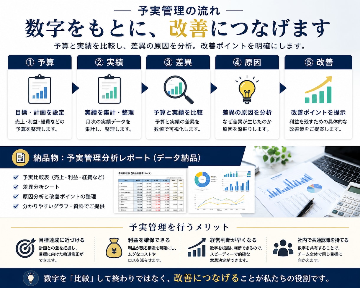 予実管理で会社の利益を見える化します 予算と実績を比較し利益改善ポイントを分析します イメージ2