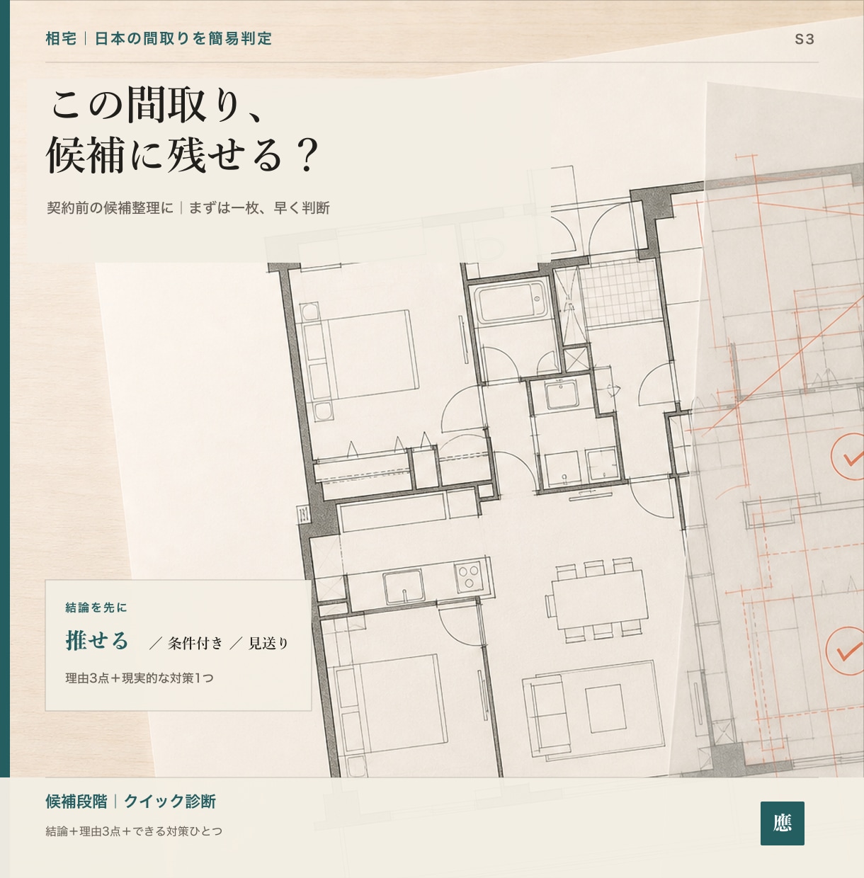 候補の間取り1件を風水で簡易診断します 契約前のセカンドオピニオン|推す・条件付き・見送りで判定 イメージ1