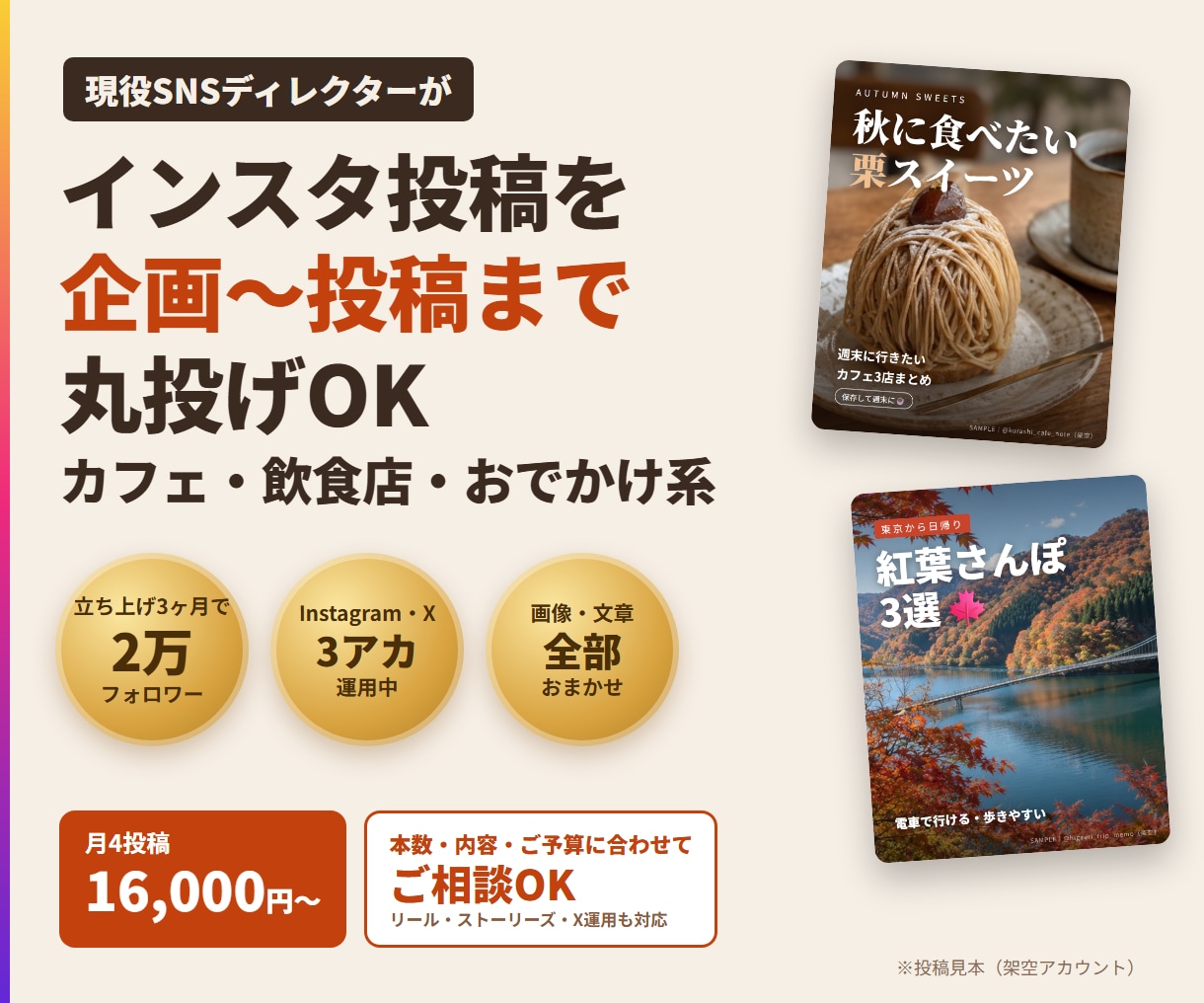 現役ディレクターがインスタ投稿を丸ごと代行します 立ち上げ3ヶ月で2万フォロワー｜企画〜投稿まで丸投げOK イメージ1