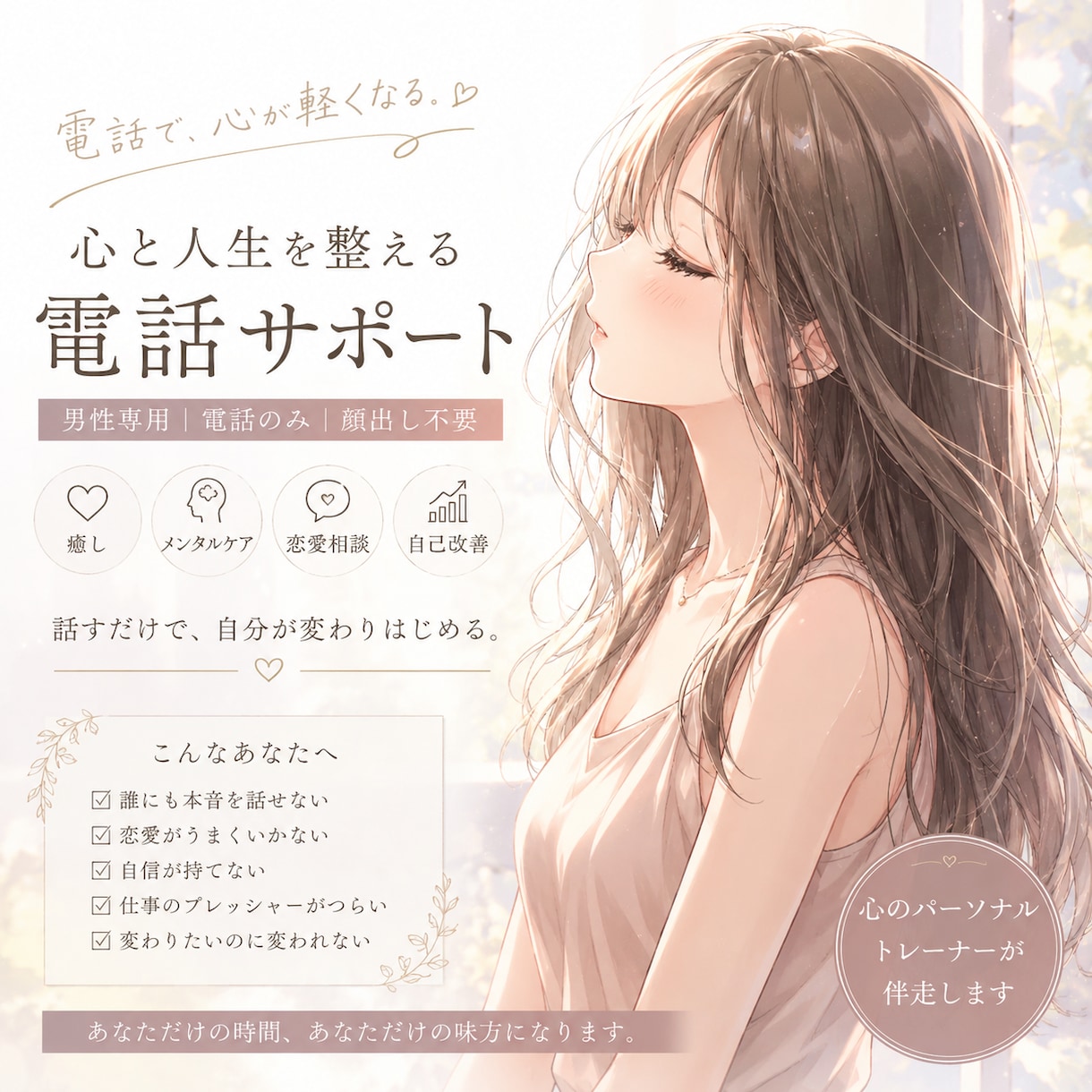 話すだけで軽くなる男性のためのサポートます 否定ゼロ。正論ナシ。ただ味方でいる30分 イメージ1