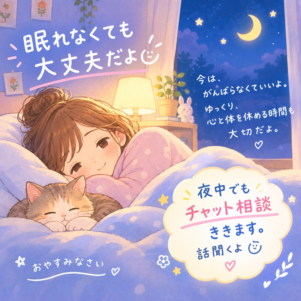 眠れない夜に、ただ話を聞きます 眠れない夜のモヤモヤ、否定せず聞くだけの相手 イメージ1